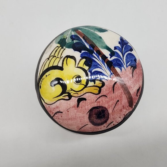 Mexican Hand Painted Ceramic Trinket Box With Floral & Rabbit 3" Diameter - Picture 2 of 8